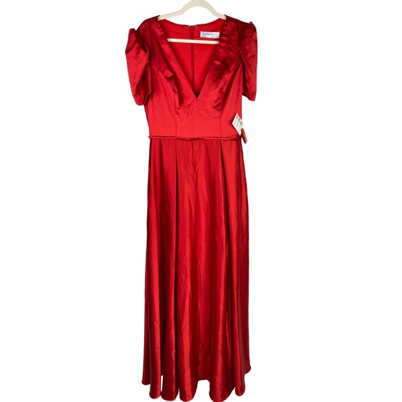 Mac Duggal PUFF SLEEVE V-NECK SATIN GOWN, Red, Size 8, #26606 - Picture 2 of 10